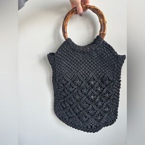 Black Woven Handbag with Bamboo Handles